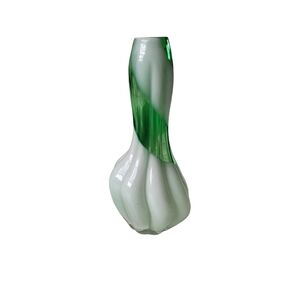 Vintage Bud Vase Green & Opaque White Swirl Hand Blown